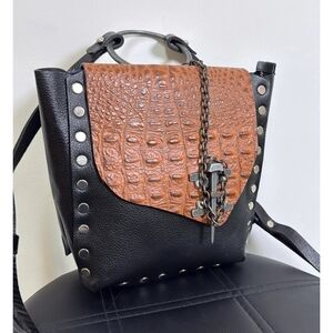 Black & Brown Croc-Texture Studded Crossbody Bag